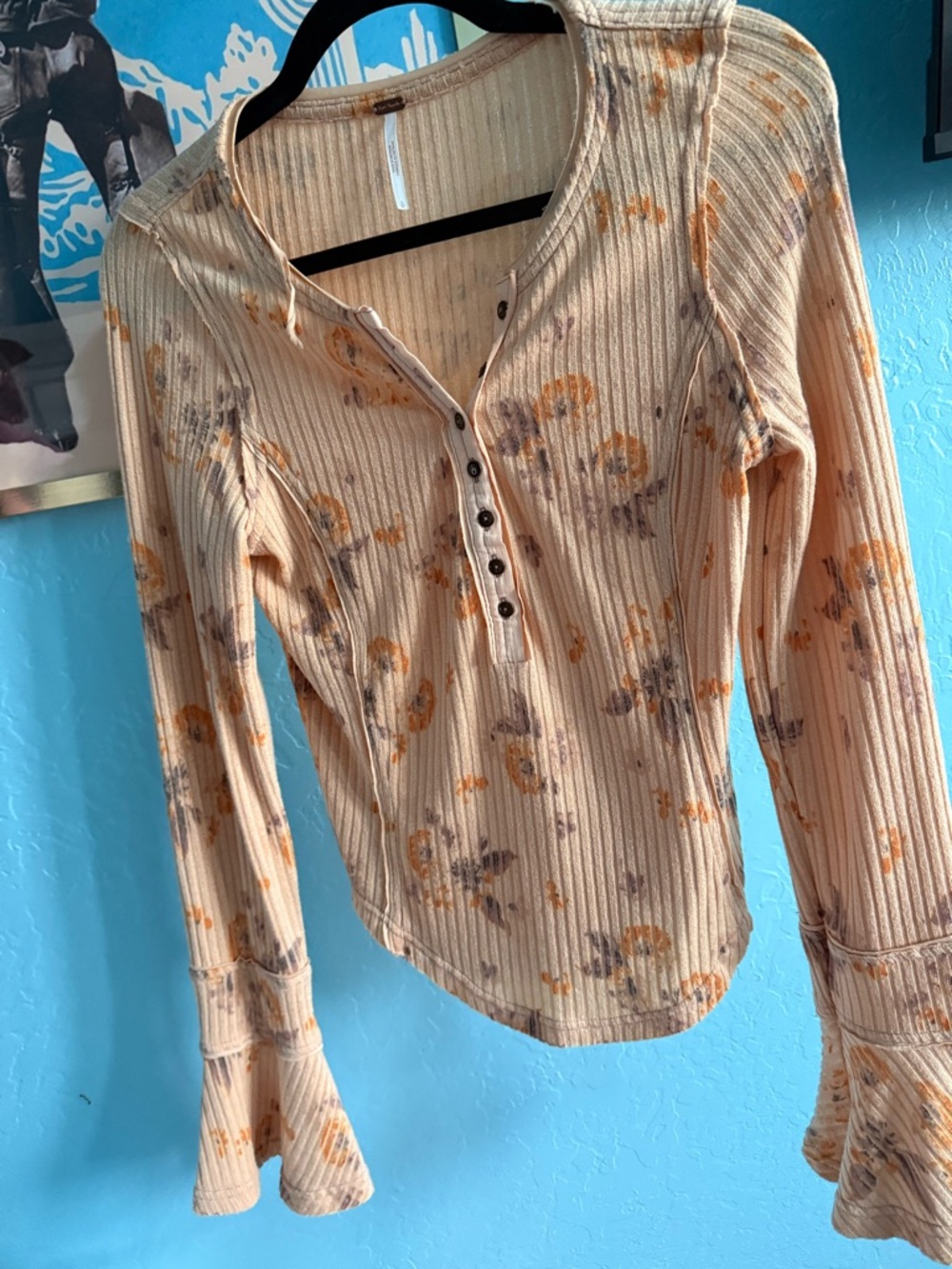 Free People Peach Floral Ribbed Henley Long Sleeve